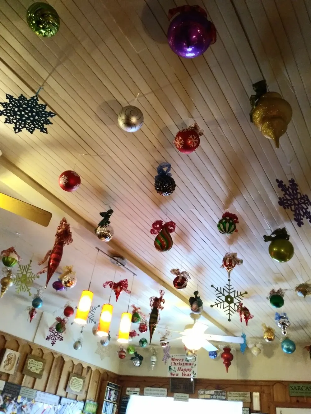 Christmas ornaments hanging from the ceiling