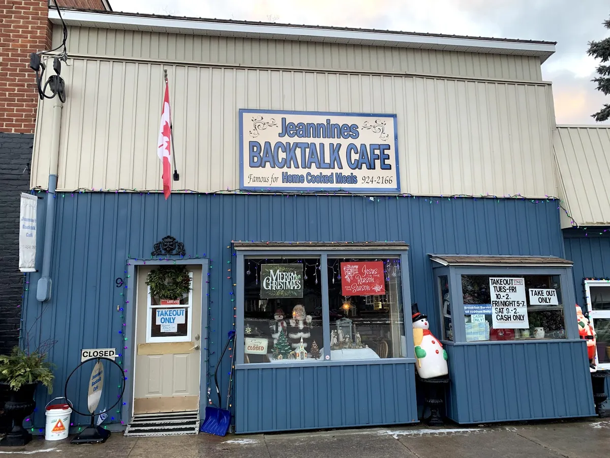 The blue front of Jeannine's Backtalk Café on Main Street